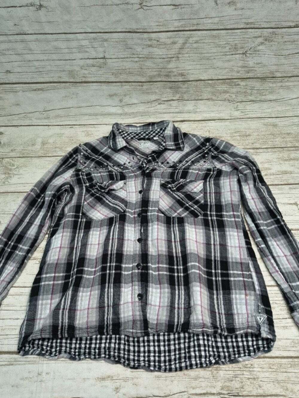 Guess Plaid Long Sleeve Button Up Shirt Y2K Rhinestone Women Size Medium